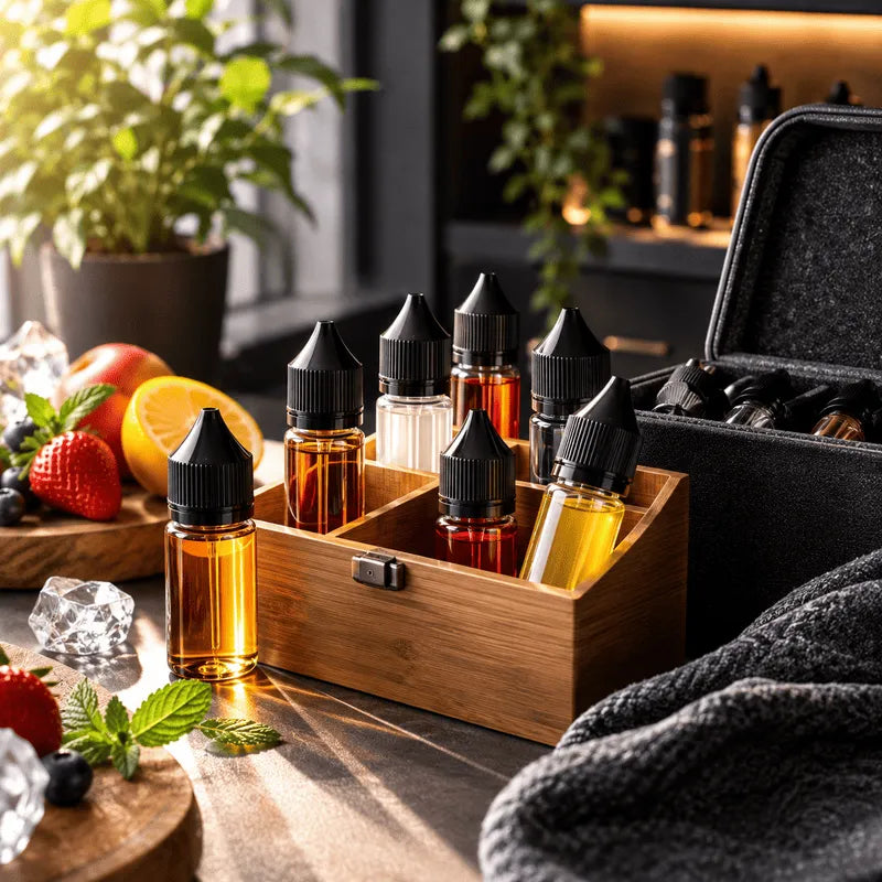 Verschlossene E-Liquid Flaschen stehen geschützt in einem kühlen Schrank
