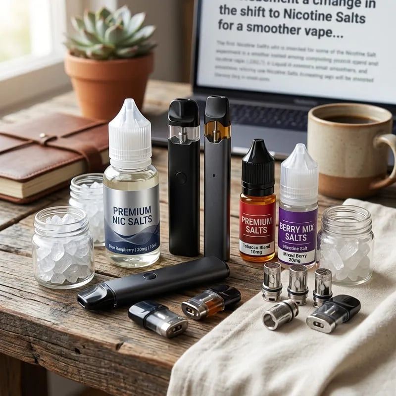 Flasche mit Nikotinsalz E-Liquid neben einem kompakten Vape-Gerät