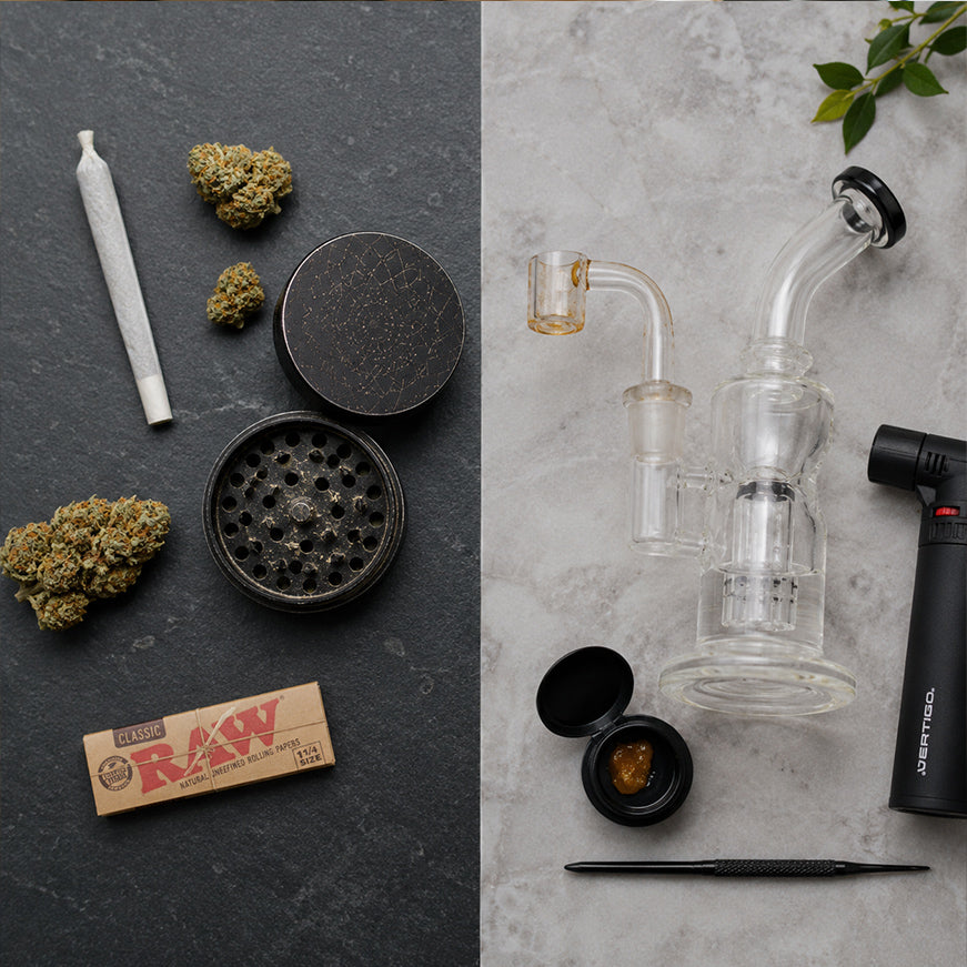 Smoking flower setup next to a dabbing rig setup