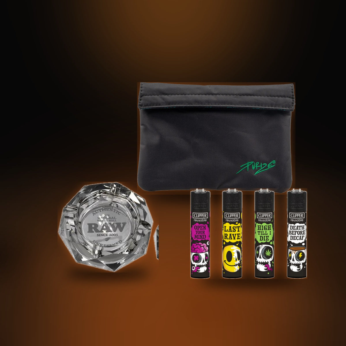 Black Night Bundle: Purize Tasche, RAW Aschenbecher The Dark Side und Clipper Skull 4er-Pack