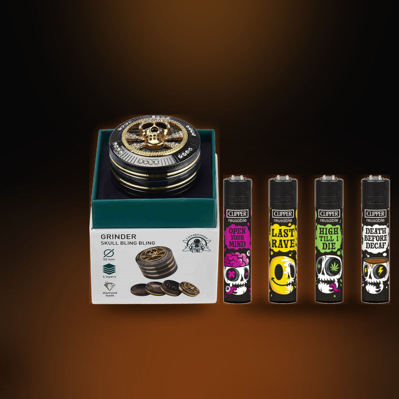 Golden Skull Bundle: Bling Bling Skull Grinder und Clipper Skull Slogan 4er-Pack