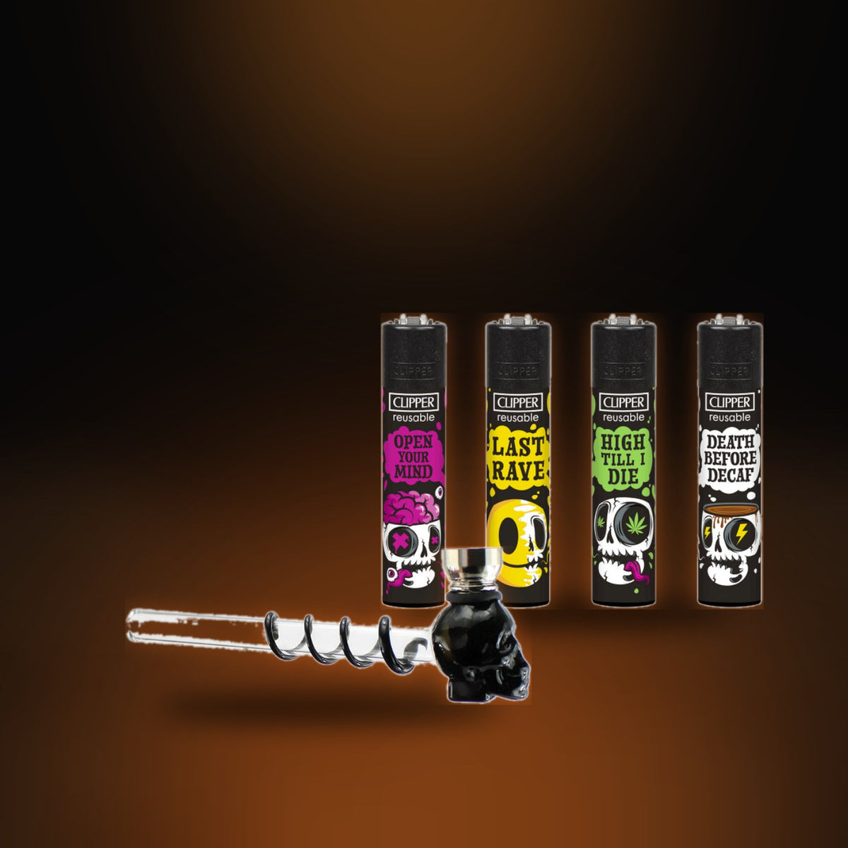 Skull Starter Bundle: Glaspfeife Skull und Clipper Skull Slogan 4er-Pack